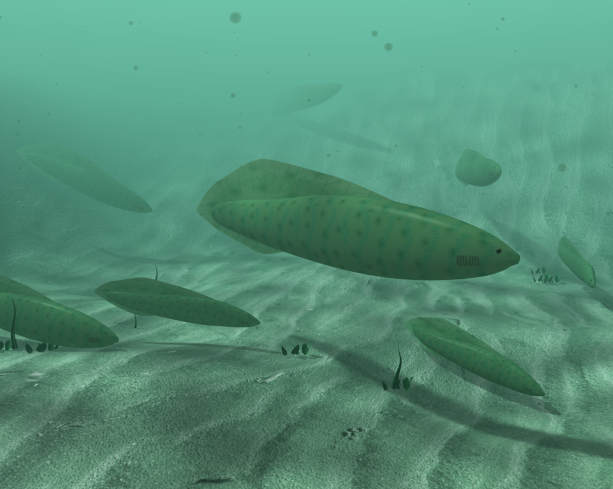 Reconstruction of _Haikouichthys ercaicunensis_ based on fossil evidence. <a href="https://commons.wikimedia.org/wiki/File:Haikouichthys_3d.png" rel="nofollow noopener" target="_blank" data-ylk="slk:Talifero/Wikimedia Commons;elm:context_link;itc:0;sec:content-canvas" class="link ">Talifero/Wikimedia Commons</a>, <a href="http://creativecommons.org/licenses/by-sa/4.0/" rel="nofollow noopener" target="_blank" data-ylk="slk:CC BY-SA;elm:context_link;itc:0;sec:content-canvas" class="link ">CC BY-SA</a>