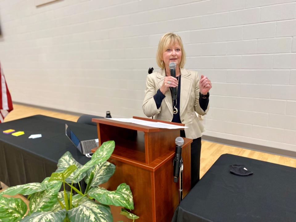 Noblesville Superintendent Beth Niedermeyer speaks during a community meeting about diversity, equity and inclusion efforts on Thursday, May 13, 2021 at the Noblesville Schools Community Center.