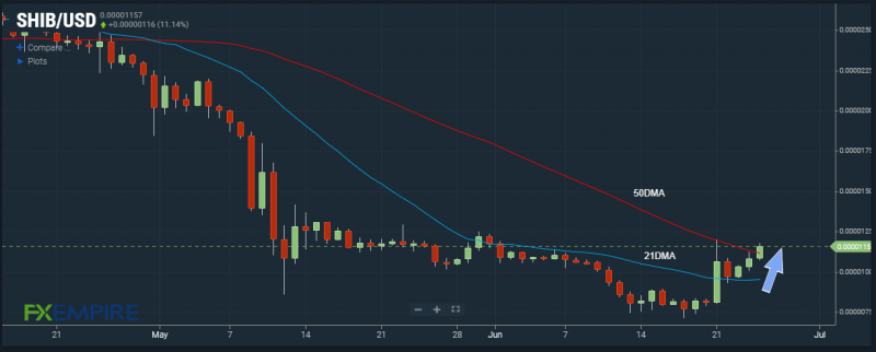 SHIB/USD breaks above 21 and 50DMAs. Source: FX Empire