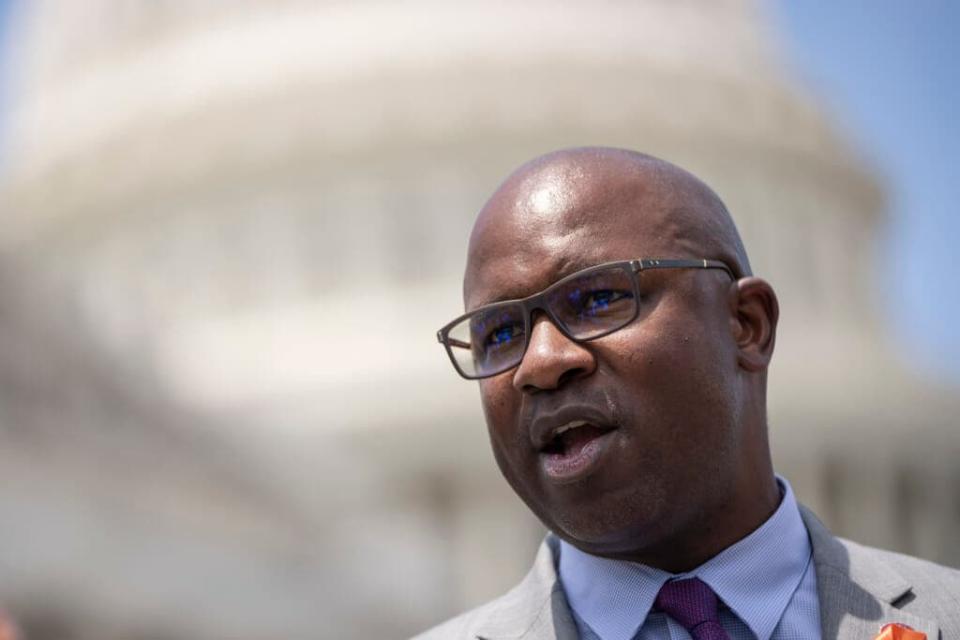 Rep. Jamaal Bowman (D-NY) speaks during a news conference announcing a resolution to condemn replacement theory outside the U.S. Capitol June 8, 2022 in Washington, DC. (Photo by Drew Angerer/Getty Images)
