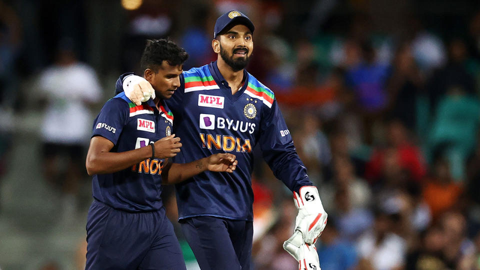 KL Rahul congratulates India teammate Thangarasu Natarajan during their victorious T20 series against Australia. Pic: Getty