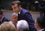 French President Emmanuel Macron attends a round table meeting at an EU summit at the European Council building in Brussels, Friday, Feb. 21, 2020. In a second day of meetings EU leaders will continue to discuss the bloc's budget to work out Europe's spending plans for the next seven years. (AP Photo/Olivier Matthys)