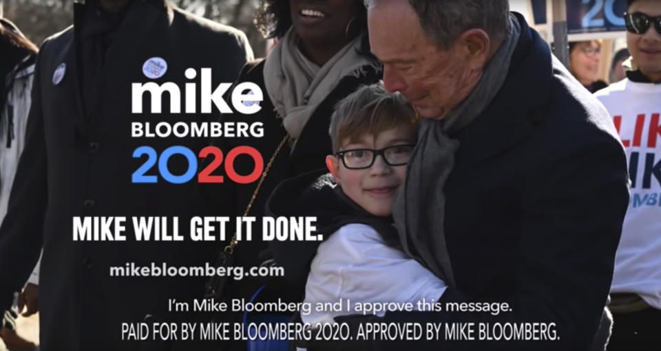 This undated image provided by Mike Bloomberg’s campaign shows a scene from the Bloomberg's 2020 Super Bowl NFL football spot. This year for the first time, national politics will invade the game as presidential candidate Michael Bloomberg and President Trump have shelled out millions to broadcast campaign ads during advertising’s biggest night, when nearly 100 million viewers are expected to tune into Fox. (Mike Bloomberg 2020 via AP)