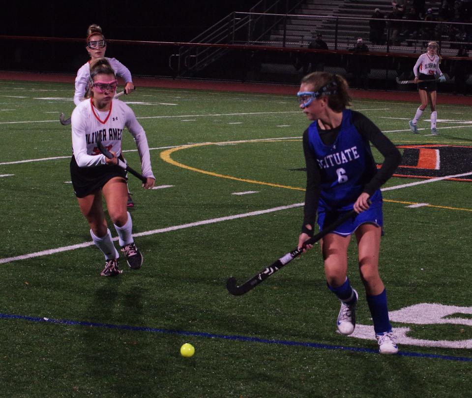 Thursday, Nov. 4, 2021 -- Scituate Sailor Hannah Gillis intercepts an OA pass and looks to get the ball to a teammate in fourth quarter action of the first round playoff game.