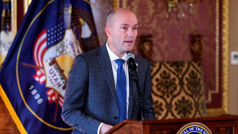 Gov. Spencer Cox announces plans sue social media companies at the Capitol on Jan. 23. Cox plans to sign a pair of social media regulations.