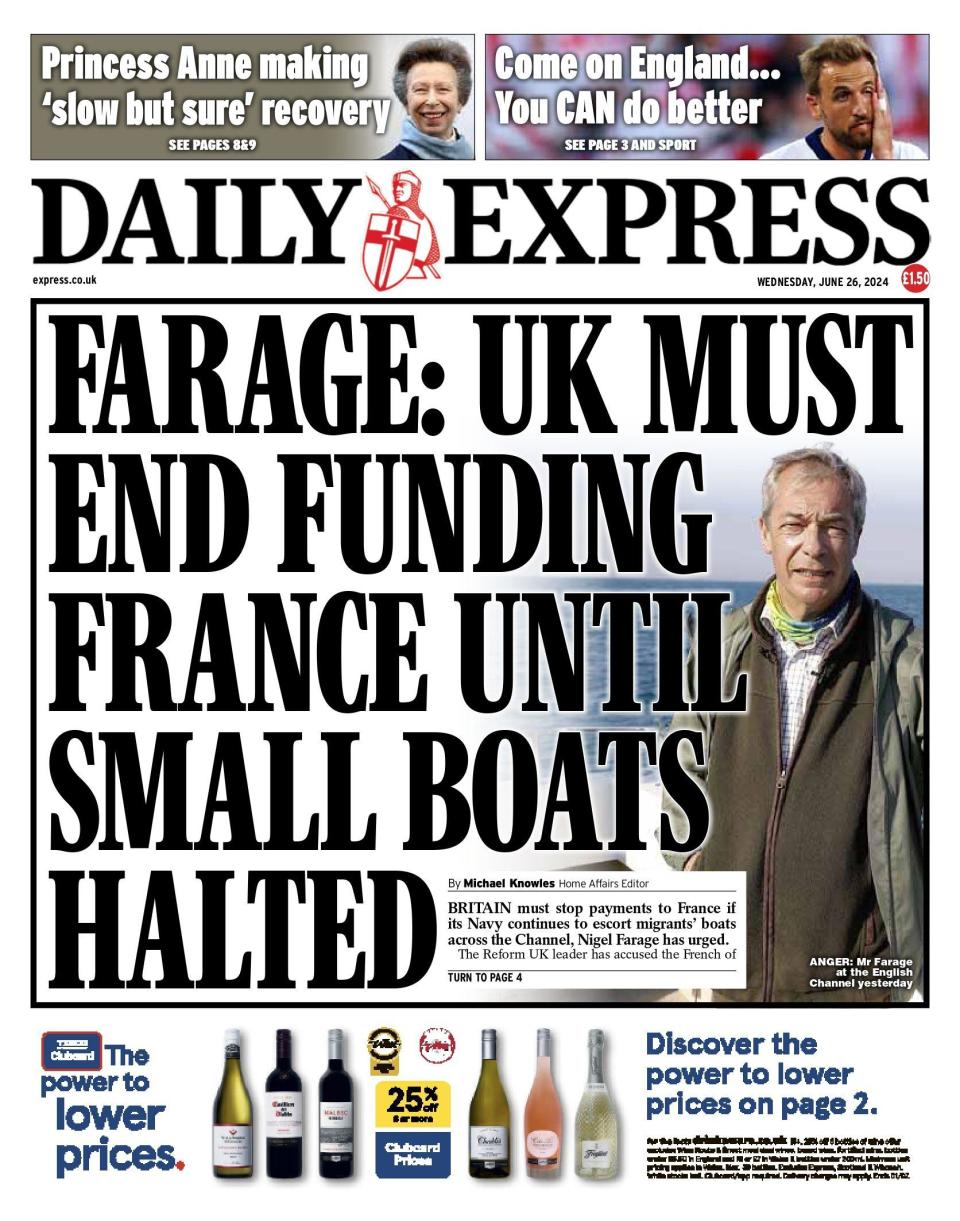 Daily Express: Farage: UK must end funding France until small boats halted