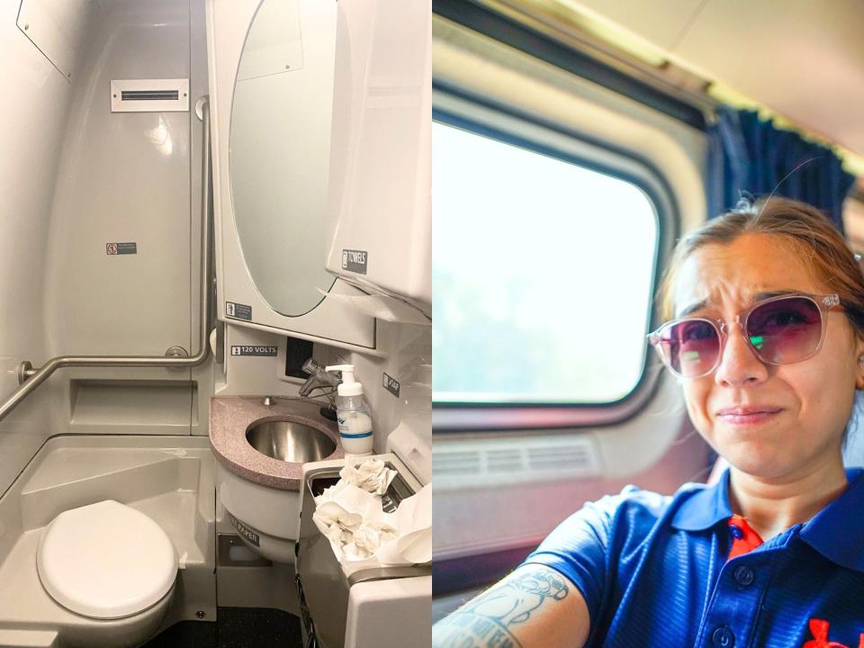 Left: Inside a gray train bathroom with the trash on the right overflowing. Right: The author sits in a train seat wearing sunglasses as light beams from the window behind her.