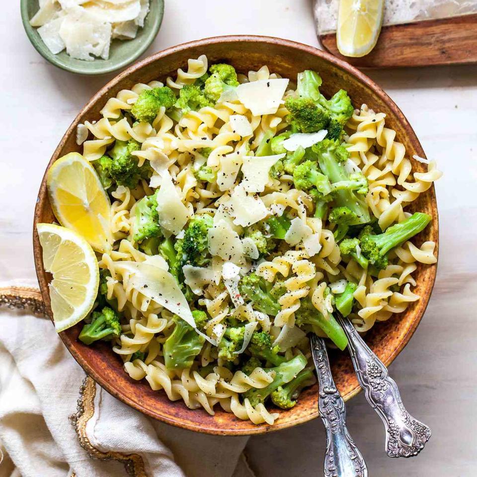 <p>This hearty pasta dish with bright, fresh flavor is ideal for busy weeknights. The Parmesan adds welcome saltiness and notes of umami and you get added texture from the slight crunch of broccoli and whole-wheat noodles. Add some shredded rotisserie chicken, grilled shrimp or crispy chickpeas to punch up the protein.</p> <p> <a href="https://www.eatingwell.com/recipe/281281/one-pot-lemon-broccoli-pasta-with-parmesan/" rel="nofollow noopener" target="_blank" data-ylk="slk:View Recipe;elm:context_link;itc:0;sec:content-canvas" class="link ">View Recipe</a></p>