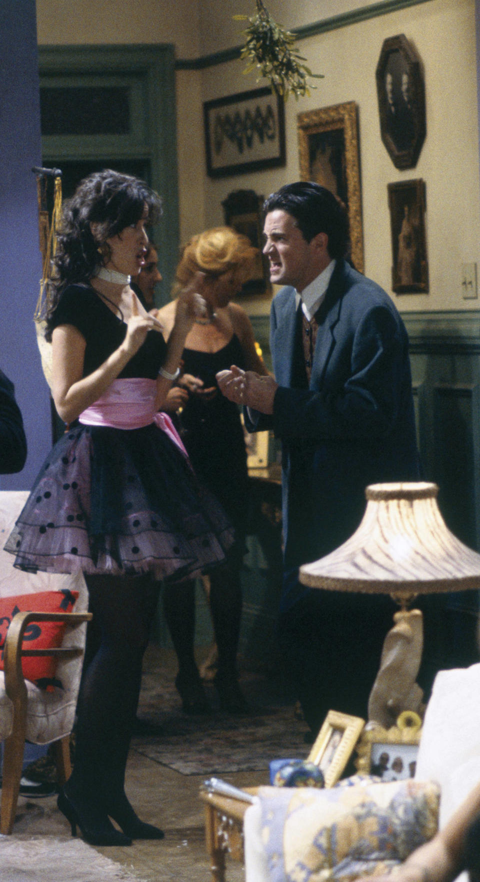 Maggie Wheeler as Janice Hosenstein, Matthew Perry as Chandler Bing filming an episode of 