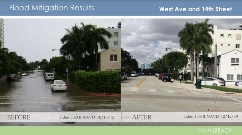 Before and after images show that even with higher tides, the new raised roads in Miami Beach’s West Avenue neighborhood stay dry.