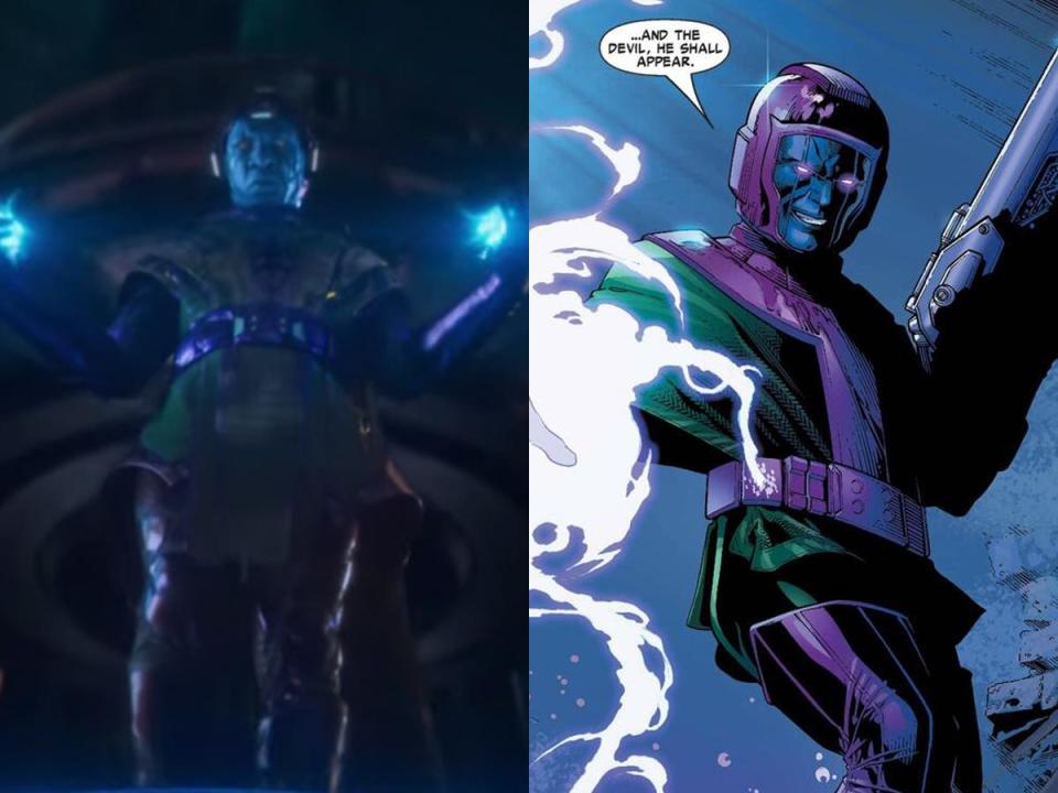 On the left: Jonathan Majors as Kang in "Ant-Man and the Wasp: Quantumania." On the right: Kang in the comics.