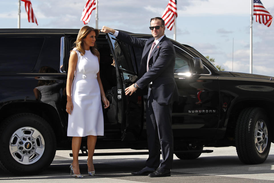 First lady Melania Trump arrives for a ribbon-cutting ceremony to re-open the Washington Monument, Thursday, Sept. 19, 2019, in Washington. The monument has been closed to the public for renovations since August 2016. (AP Photo/Patrick Semansky)