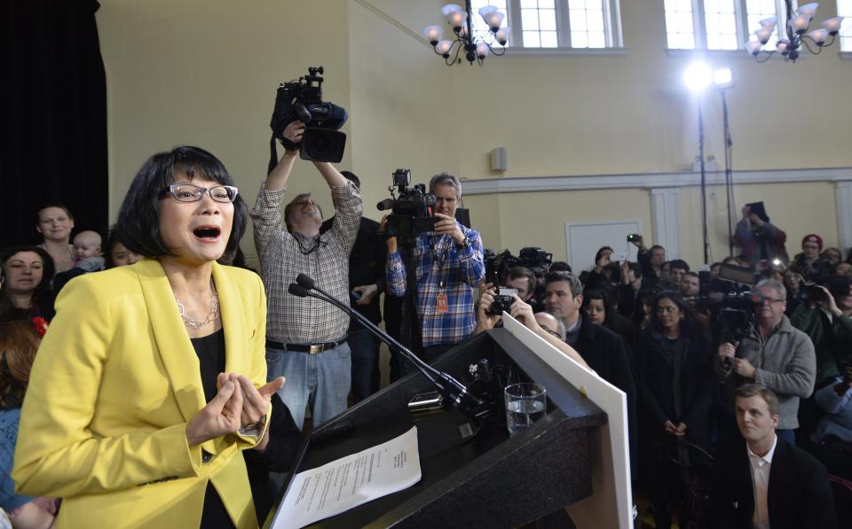 Olivia Chow speaks to the media after she officially entered into the race as a candidate for Mayor in the fall Toronto mayoral election in Toronto on Thursday, March 13, 2014. Chow says Toronto deserves better than Rob Ford, who "is no role model" for her granddaughters. She made no direct mention of the various scandals plaguing Ford — not his admissions that he smoked crack cocaine and bought illegal drugs while mayor nor his videotaped booze-fuelled rants. Instead, Chow hinted at Ford's issues with her "role model" comment, but called Ford's leadership "disappointing," saying he had failed to make critical investments and create jobs. A day after resigning as an NDP member of Parliament, Chow emphasized her humble beginnings and her family's hardworking immigrant story in her speech to a packed church in the inner city neighbourhood of St. James Town, where she grew up. (AP Photo/The Canadian Press, Nathan Denette)