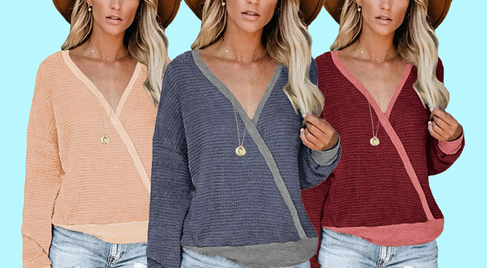 This V-neck wrap sweater can be worn forward or backward. (Photo: Amazon)