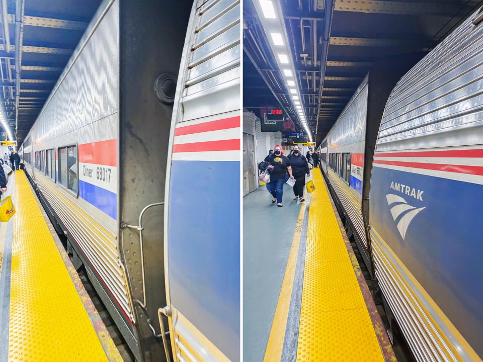 Side by side photos show the Amtrak on the right side of the platform