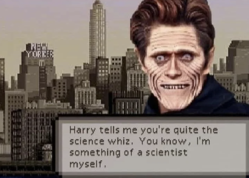A pixelated character says, "Harry tells me you're quite the science whiz. You know, I'm something of a scientist myself," standing in front of a cityscape