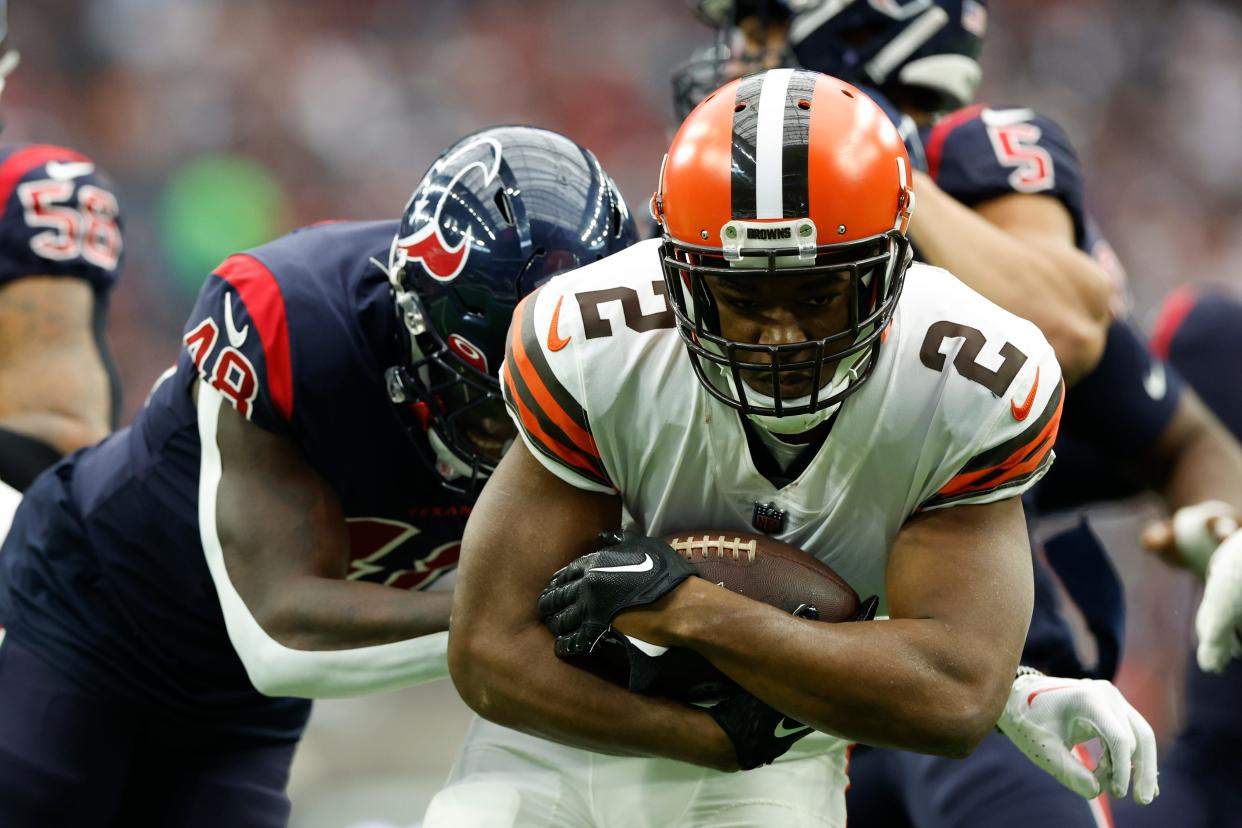 Cleveland Browns wide receiver Amari Cooper (2) gets tackled after a reception during an NFL football game against the Houston Texans on Sunday, December 4, 2022, in Houston. (AP Photo/Matt Patterson)