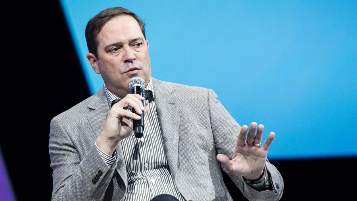 Mandatory Credit: Photo by Etienne Laurent/EPA-EFE/Shutterstock (9692285at)Chuck RobbinsVivaTech fair in Paris, France - 24 May 2018Cisco CEO Chuck Robbins delivers a speech during the VivaTech fair in Paris, France, 24 May 2018.