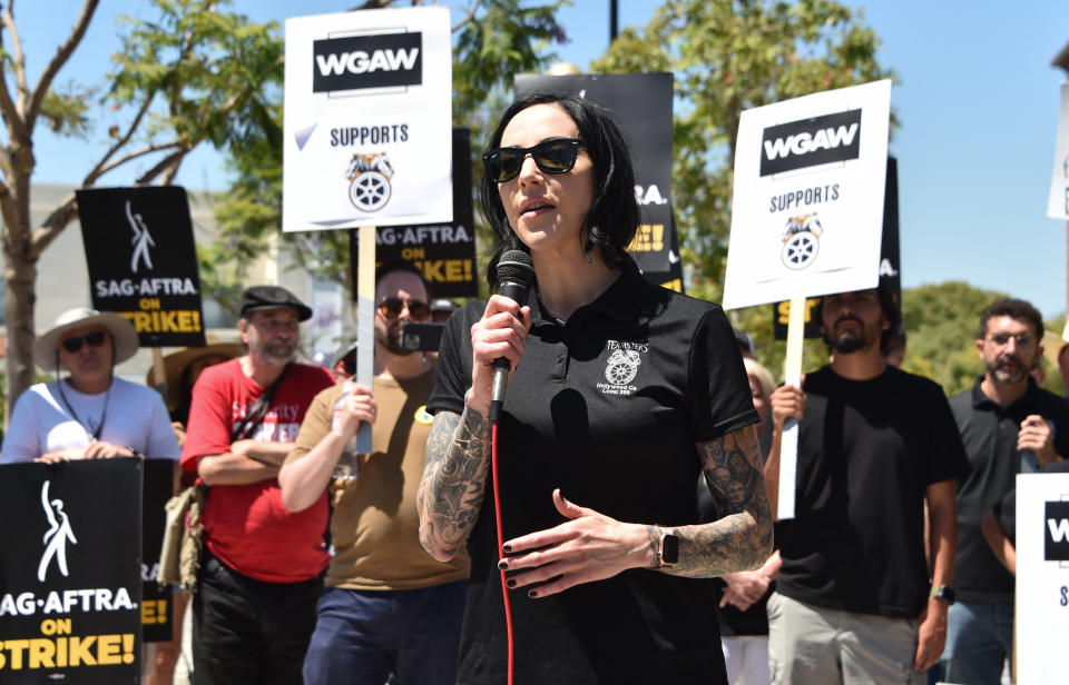 Secretary-Treasurer of Teamsters Local 399 Lindsay Dougherty speaks at a WGA & SAG-AFTRA rally on July 19, 2023 // Credit: Getty