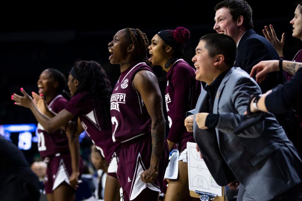 Mississippi State players celebrate on the bench during the first half of a first-round college basketball game against Creighton in the NCAA Tournament, Friday, March 17, 2023, in South Bend, Ind. (AP Photo/Michael Caterina)