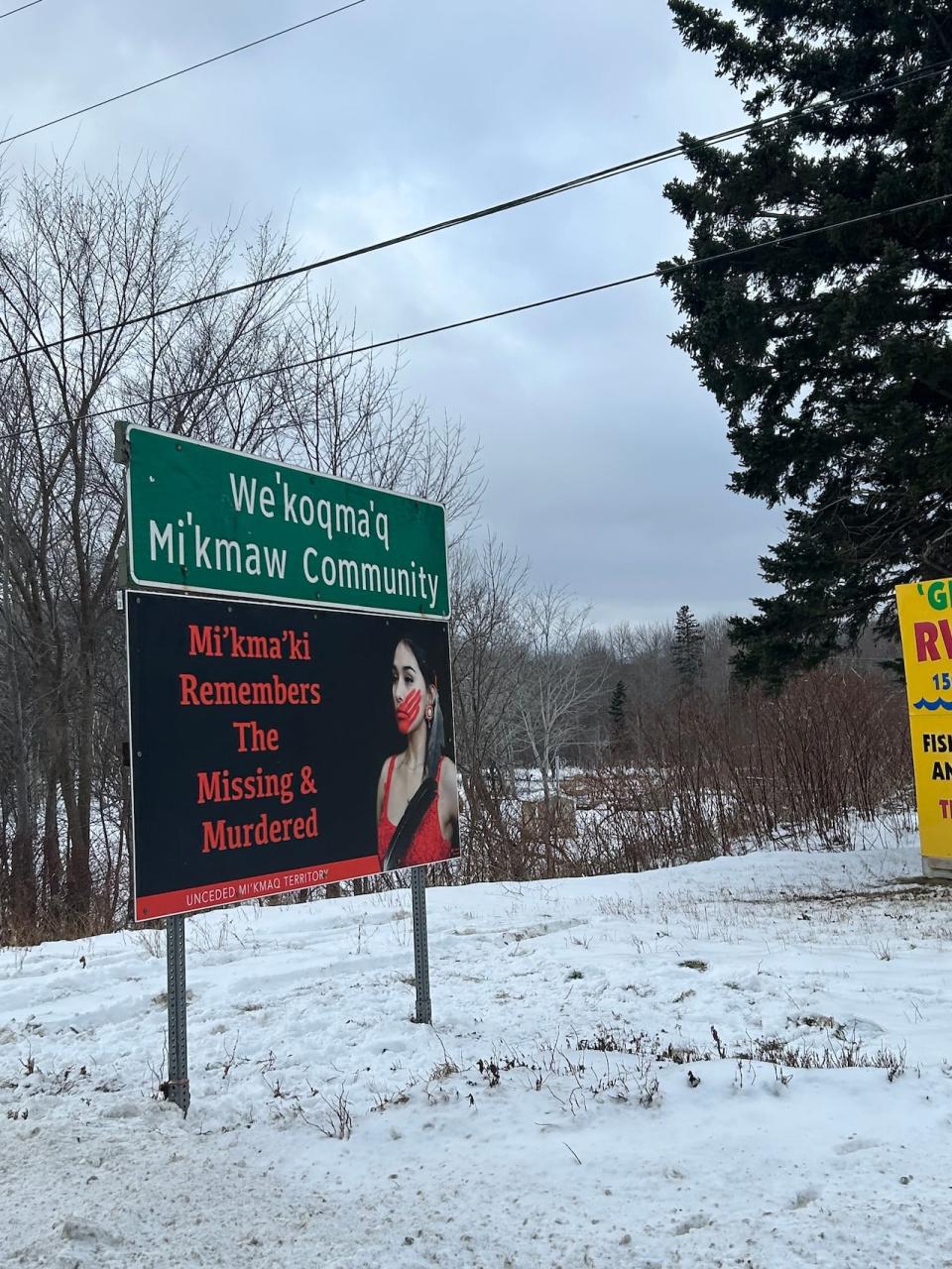 One of two signs that have been put up at both ends of We'koqma'q, on Cape Breton Island. (submitted by Annie Bernard-Daisley  - image credit)
