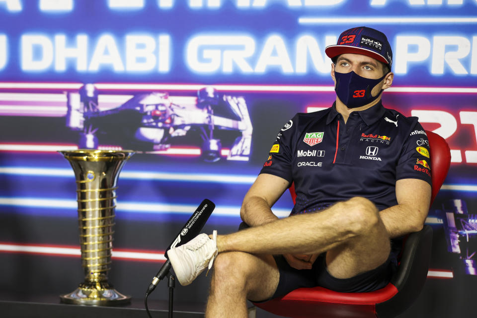 Red Bull driver Max Verstappen of the Netherlands speaks during a press conference ahead of the Formula One Abu Dhabi Grand Prix in Abu Dhabi, United Arab Emirates, Thursday, Dec. 9, 2021. (Antonin Vincent, Pool via AP)