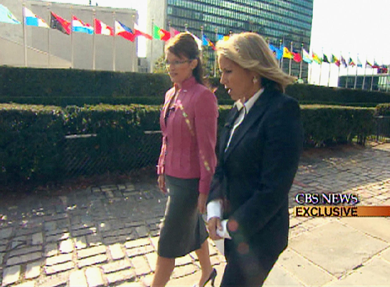 NEW YORK - SEPTEMBER 24: CBS News anchor interviewed vice presidential nominee Sarah Palin on Tuesday, September 24 in New York City.  The exclusive interview broadcast on the CBS Evening News With Katie Couric. BEST QUALITY SCREEN GRAB.  (Photo by CBS via Getty Images) 