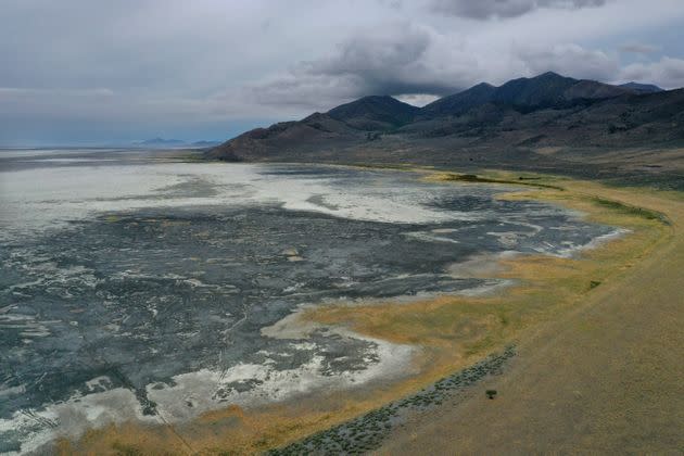 In an aerial view, an area of the Great Salt Lake that was previously underwater was completely dry on August 02, 2021 near Corinne, Utah.