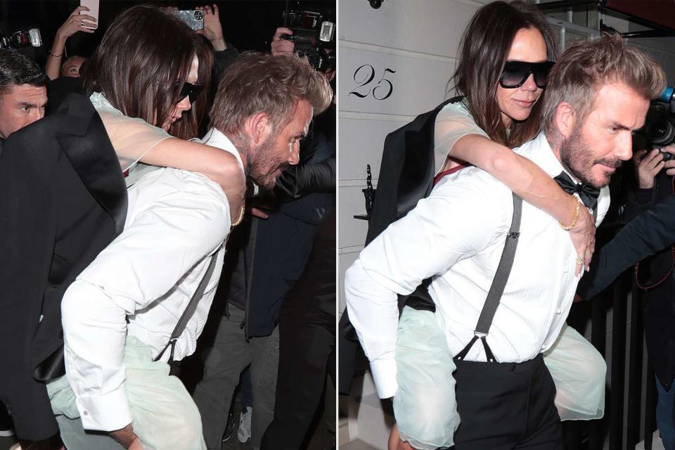 <p>Ricky Vigil M / Justin E Palmer/GC Images</p> David Beckham carries Victoria Beckham out of her birthday party in London on April 20, 2024