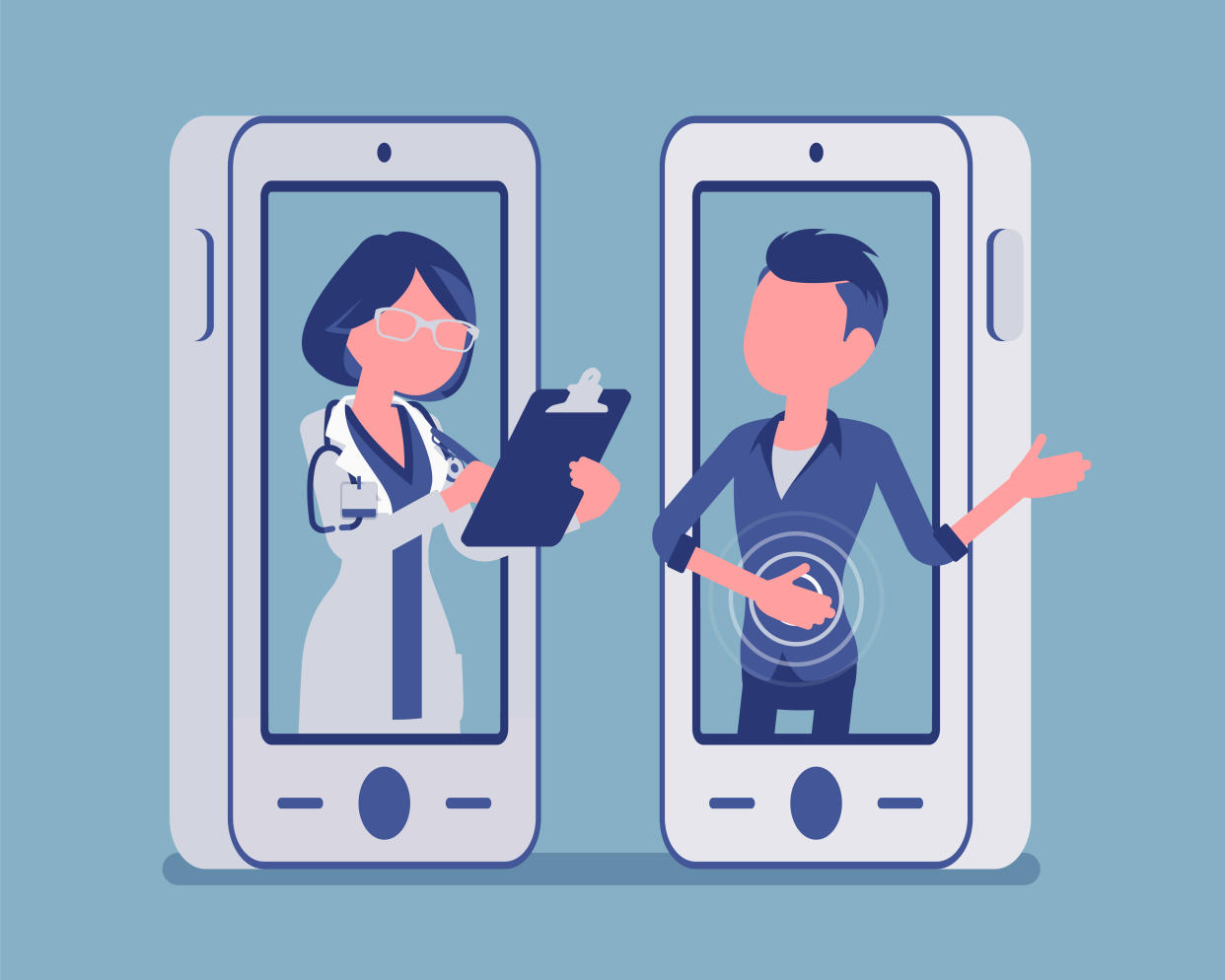 Mobile telemedicine smartphone application, female doctor. Useful mobile device tool for managing healthcare service, patient remote professional consultation. Vector illustration, faceless characters