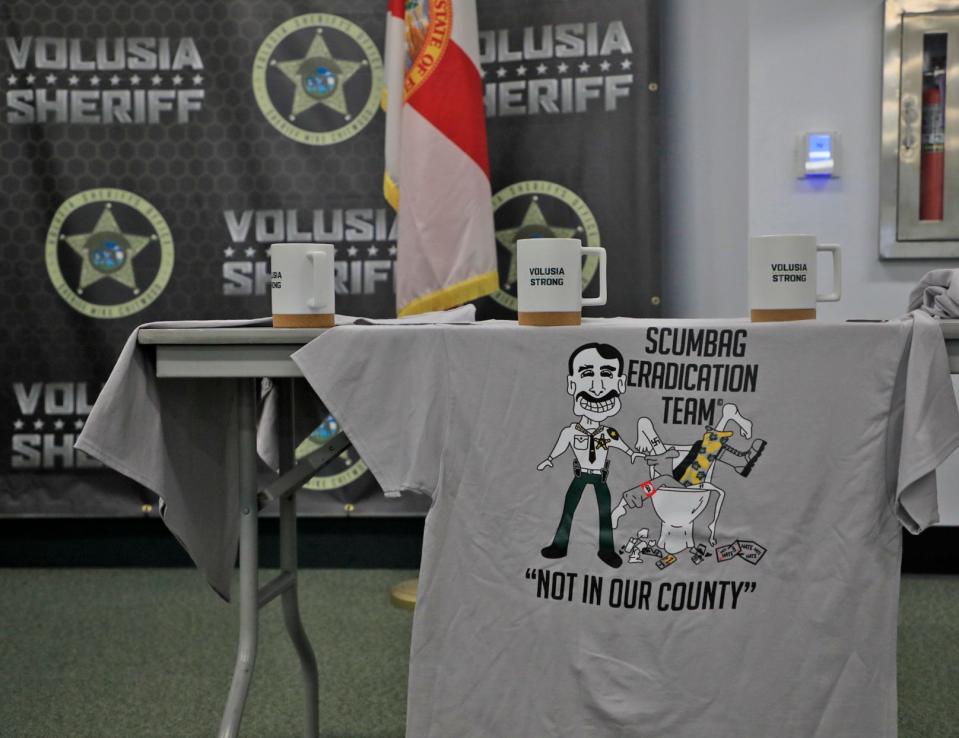 Sheriff Mike Chitwood anti-hate memorabilia on display at press conference.
