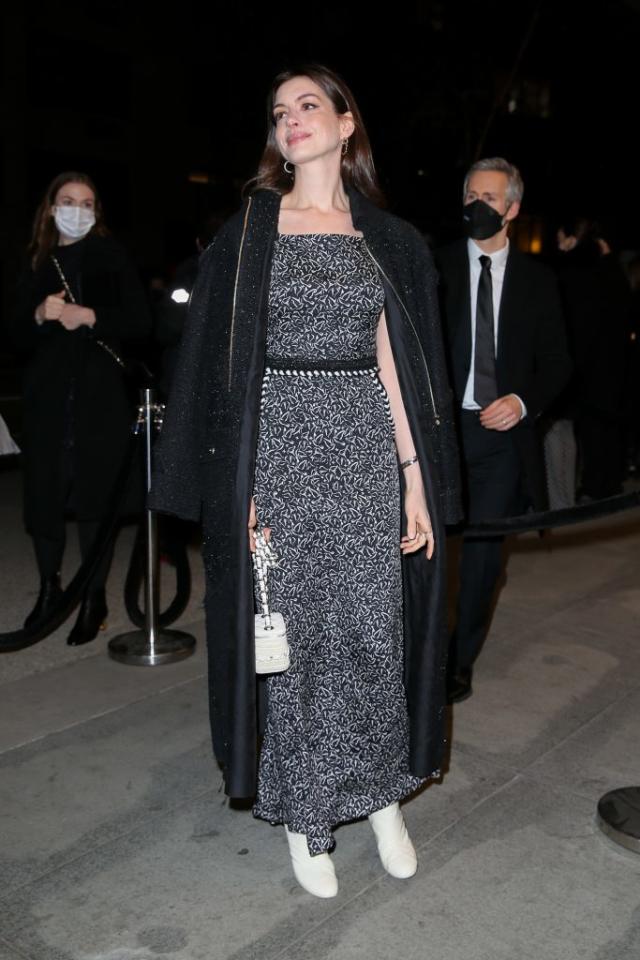 Anne Hathaway Shines in Dove-Print Dress and Boots at MoMA Gala 2021 –  Footwear News