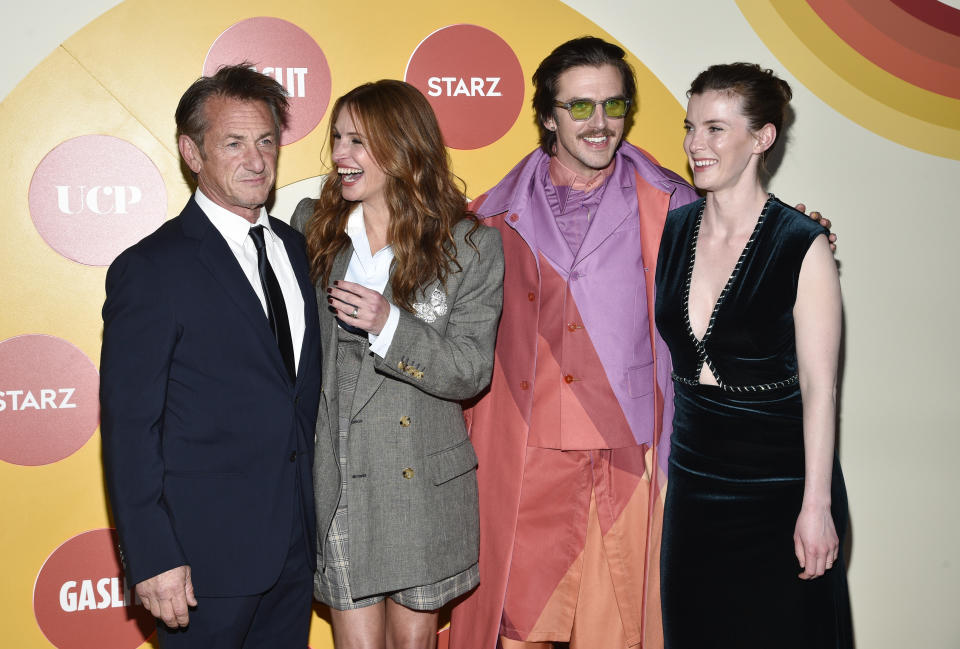 Actors Sean Penn, left, Julia Roberts, Dan Stevens and Betty Gilpin pose together at the premiere for "Gaslit" at The Metropolitan Museum of Art on Monday, April 18, 2022, in New York. (Photo by Evan Agostini/Invision/AP)