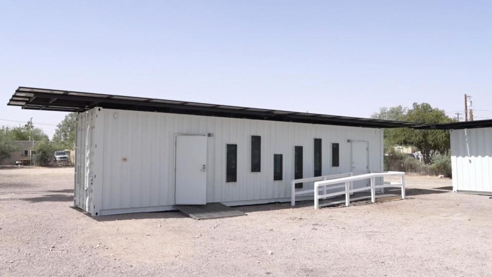 PHOTO: Shipping containers that used to sit along the U.S.-Mexico border repurposed into solar-powered cooling stations in Tucson, Arizona. (KGUN)