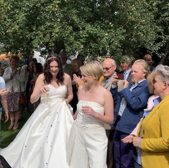 Journey's start: Tanya Hazell (left) and Jess Wright on their wedding day (Barnaby Wright)