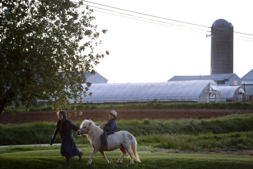 In this Monday, May 4, 2020, photo, two young children of Old Order Stauffer Mennonite Church members play in their front yard in Ephrata, Pa. (AP Photo/Jessie Wardarski)