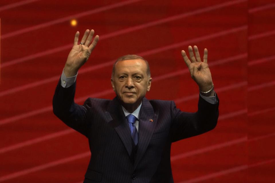 Erdogan waves before a red backdrop