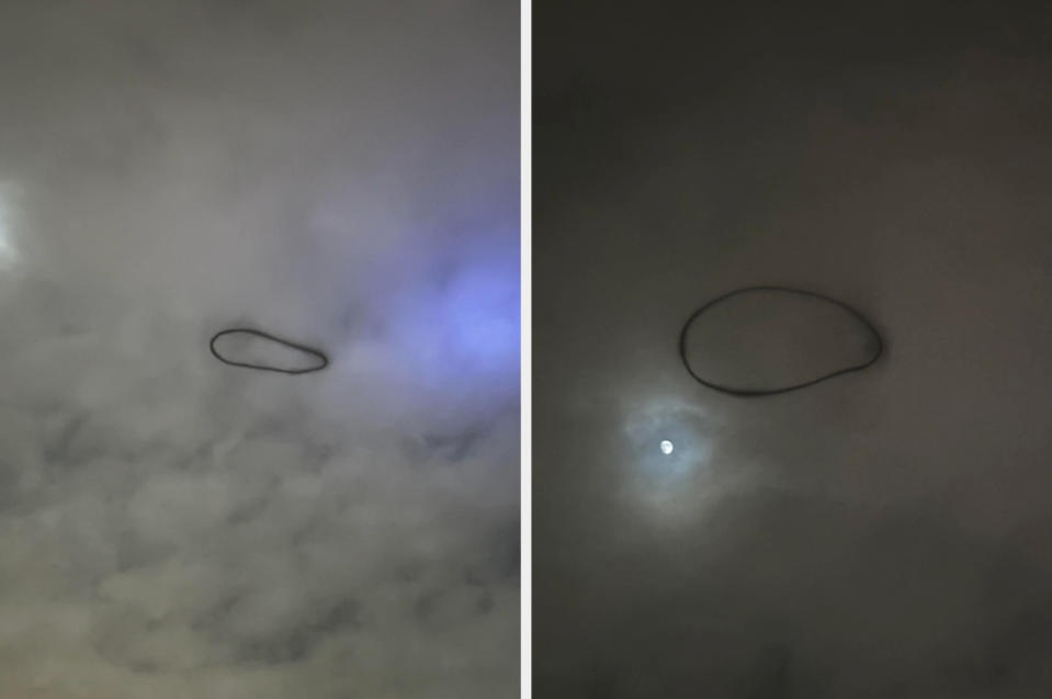 Two images showing a dark, halo-shaped object in the cloudy sky, one with a blue glow in the background