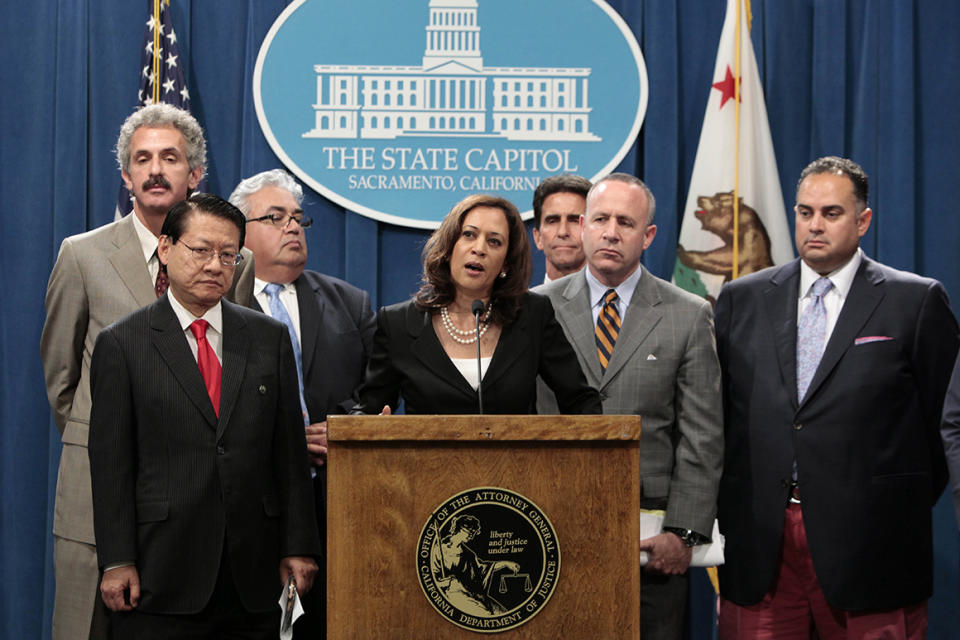 Then-Attorney General Kamala Harris hold a news conference at the Capitol in Sacramento in July 2012.