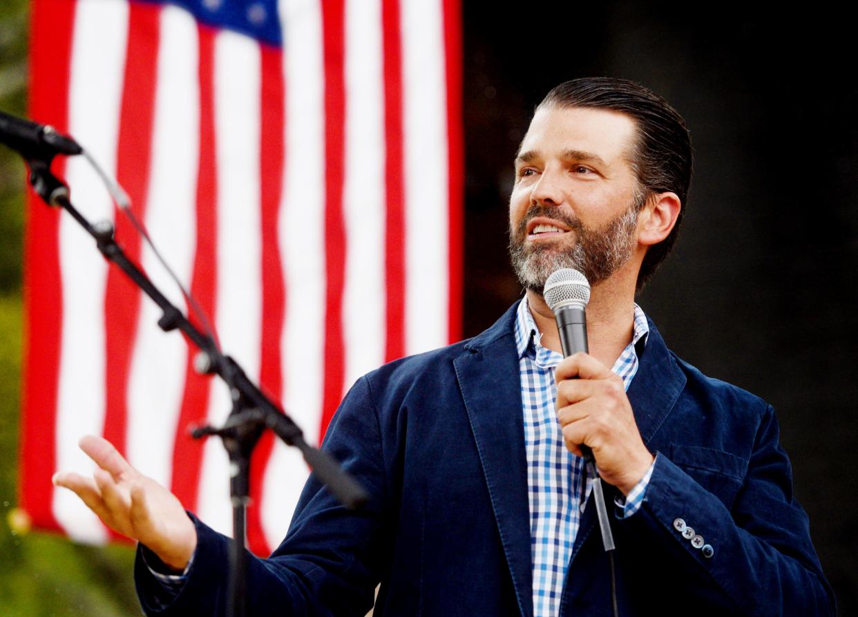 Donald Trump Jr. speaks to the crowd during Louisiana Attorney General Jeff Landry's campaign event Wednesday evening, September 13, 2023, at The Stage at Silver Star in Bossier City.