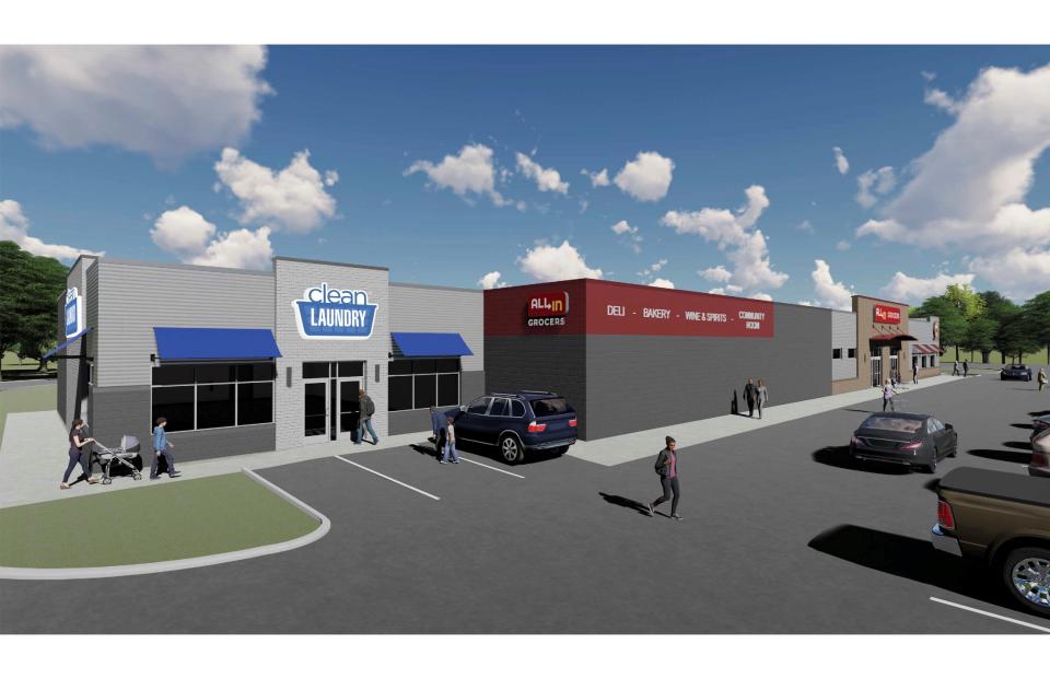 This is an architectural rendering of the All-In Grocers complex that Rodney Anderson and Lance Dunn are building in Waterloo, Iowa.