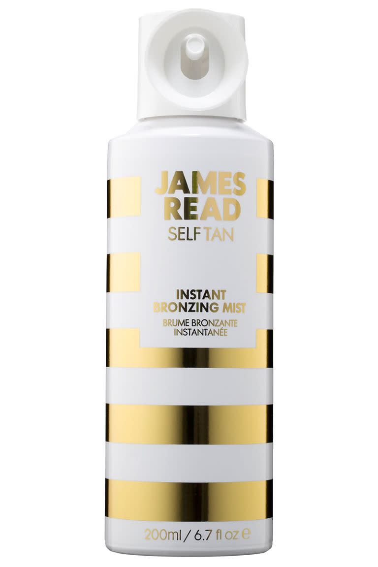 <p>Perfect for the beach, or anywhere you'll be showing a lot of skin, this airbrush mist lets you easily cover hard-to-reach areas like the back of the legs. But plan ahead—it develops over three to five hours. </p><p><strong>James Read</strong> Instant Bronzing Mist, $38, <a rel="nofollow noopener" href="https://www.net-a-porter.com/us/en/product/608346?cm_mmc=ProductSearchUS_PLA_c-_-GOOGLE-James%20Read-_-Beauty-Bath%20and%20Body-Suncare-_-120544936882_608346-005&gclid=CIPtx8TGpc0CFQusaQodMWkKsQ" target="_blank" data-ylk="slk:net-a-porter.com;elm:context_link;itc:0;sec:content-canvas" class="link ">net-a-porter.com</a>.</p>