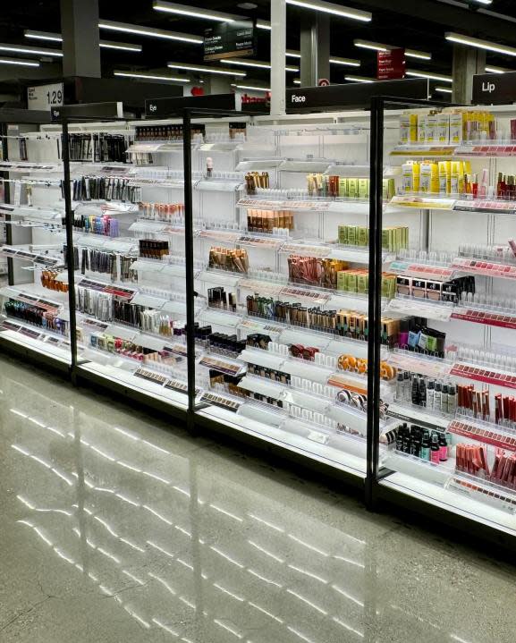 Cosmetics missing from a display case. (Los Angeles Police Department)