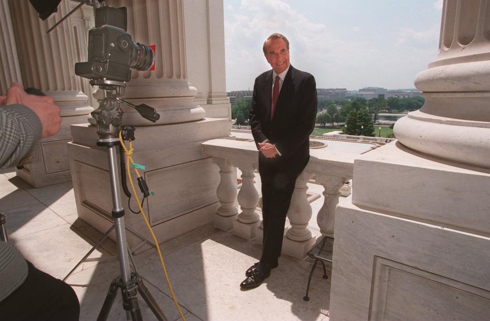 WASHINGTON DC,  - JUNE 6: Senator Bob Dole about to be photographed on the  Capital Hill in Washington DC on June 6, 1996. (Photo by Yunghi Kim/The Boston Globe via Getty Images)