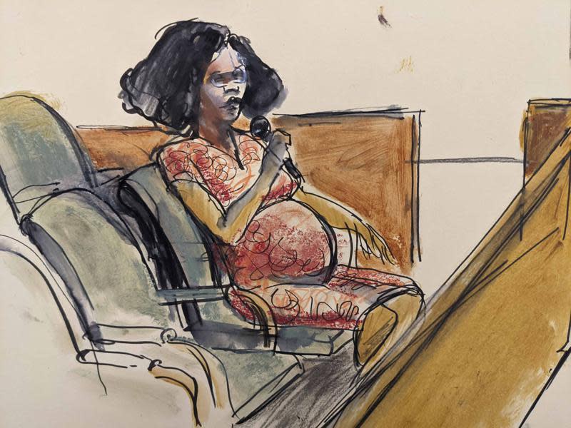 In this courtroom sketch, accuser Jerhonda Pace testifies against disgraced R&B star R. Kelly during the singer's racketeering trial Wednesday, August 18, 2021, in New York. / Credit: Elizabeth Williams via AP
