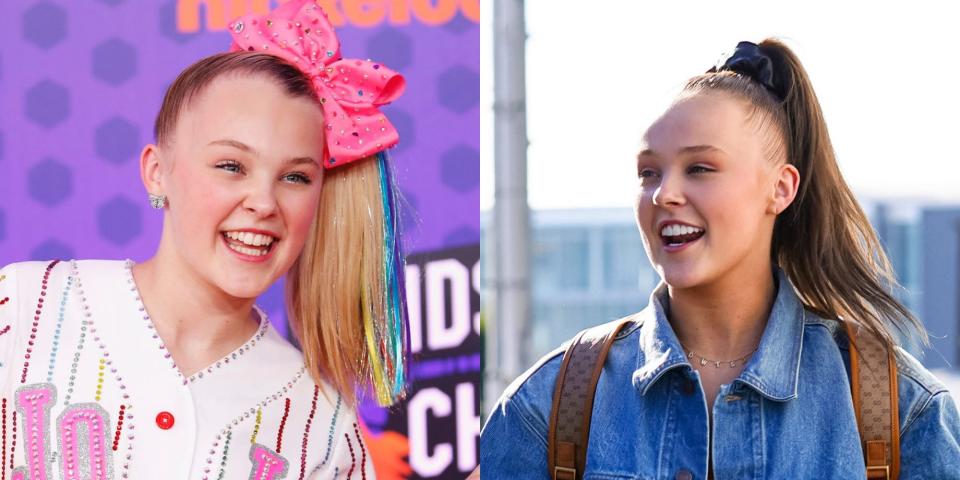 left: jojo siwa in a sparkling, white baseball jersey that says "jojo" with her blone hair in a high ponytail with a pink bow; right: jojo siwa in a red shirt and jean jacket with her brunette hair in a high ponytail with a black scrunchie