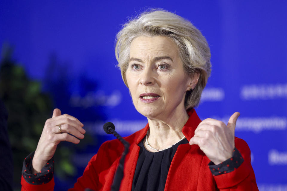 European Commission President Ursula von der Leyen, speaks during a joint press conference in Sarajevo, Bosnia, Tuesday, Jan. 23, 2024. (AP Photo/Armin Durgut)