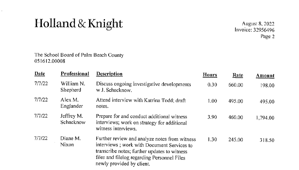 A portion of an invoice from the law firm Holland & Knight to the Palm Beach County School Board.