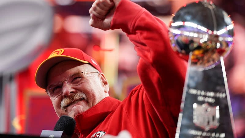 Kansas City Chiefs head coach Andy Reid celebrates after the NFL Super Bowl football game against the San Francisco 49ers on Sunday, Feb. 11, 2024, in Las Vegas. The Chiefs won 25-22 against the 49ers.