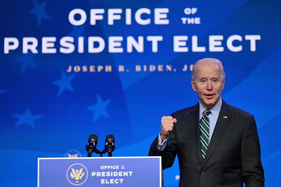 <p>El presidente electo de EE. UU., Joe Biden, presenta a los nominados para su equipo científico el 16 de enero de 2021 en el teatro The Queen en Wilmington, Delaware. - Biden nomina a Francis Collins para continuar como Director de los Institutos Nacionales de Salud, Eric Lander como Director de la Oficina de Política de Ciencia y Tecnología (OSTP), Alondra Nelson como Directora Adjunta de OSTP, Narda Jones como Directora de Asuntos Legislativos de OSTP Kei Koizumi como jefe de personal de OSTP, Frances Arnold como copresidente del Consejo de asesores de ciencia y tecnología del presidente (PCAST) y Maria Zuber como copresidente de PCAST. </p> (Foto de ANGELA WEISS AFP a través de Getty Images)